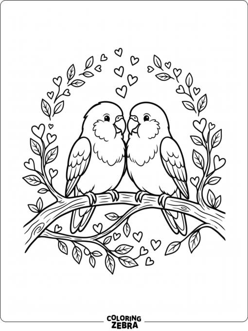 Two birds sitting together with hearts