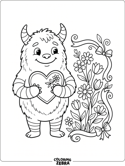 A monster holding a heart with flowers around it