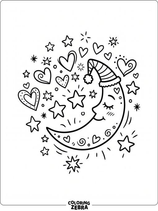 A crescent moon with stars and hearts