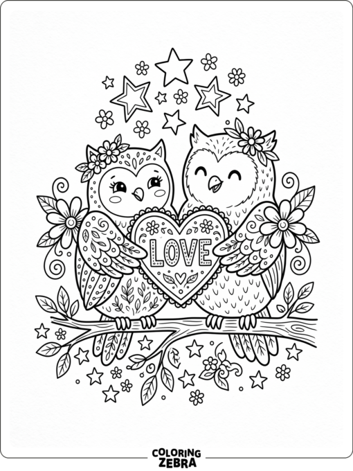 Two owls with a heart and stars