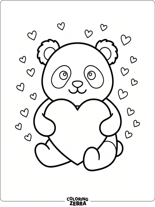 A panda holding a heart with small hearts around it