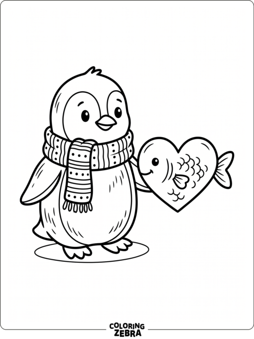 Penguin in a scarf with a heart-shaped fish