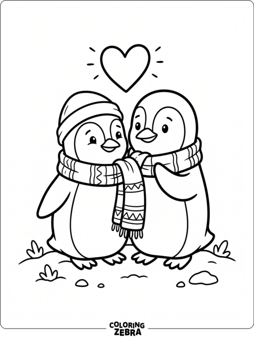Two penguins sharing a scarf under a heart