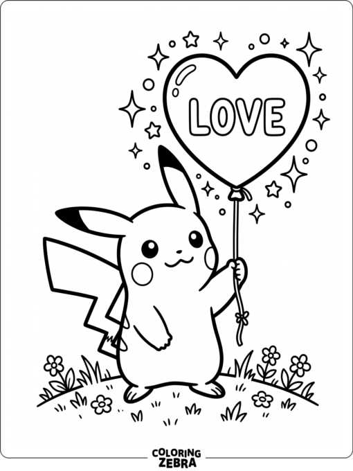 Pikachu holding a heart balloon