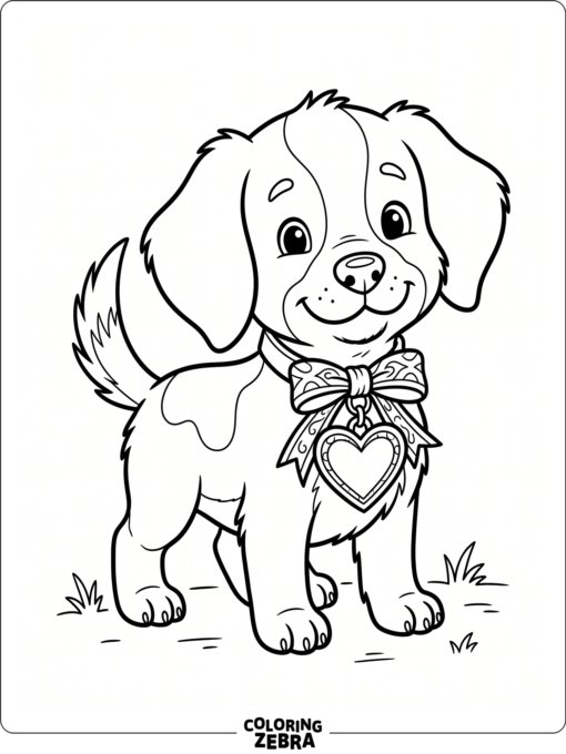 Puppy with a heart tag and ribbon