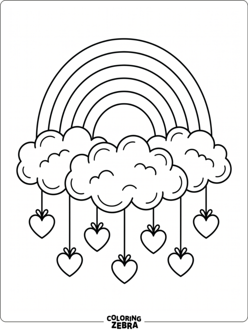 A rainbow with clouds and hanging hearts