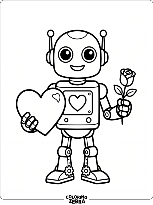 Friendly robot holding a heart and rose