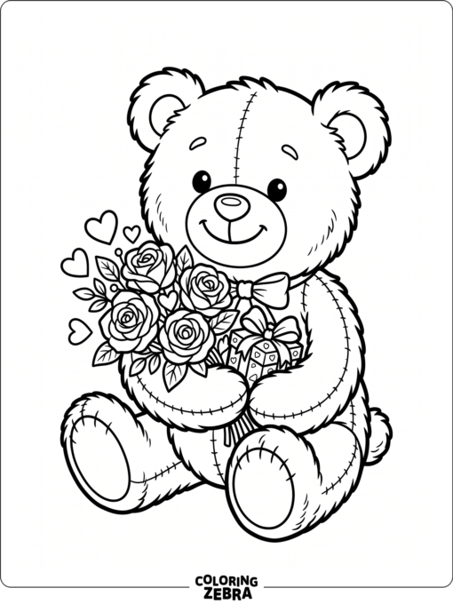 Plush bear with roses, hearts, and a gift