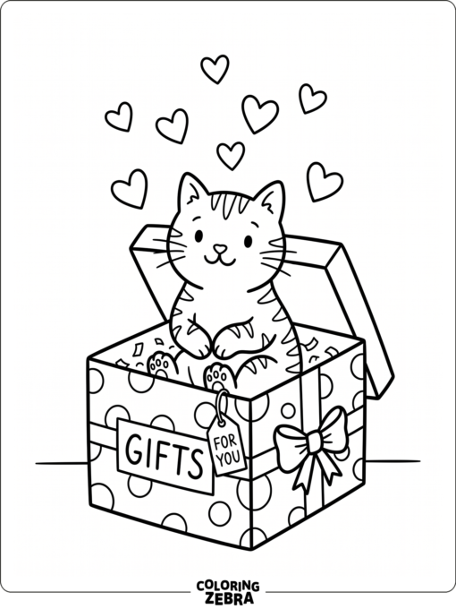 Cat in a gift box with floating hearts