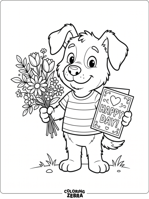 A cartoon friend holding flowers and a Valentine card
