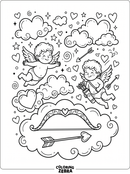 Cupid with bow, arrow, and heart clouds