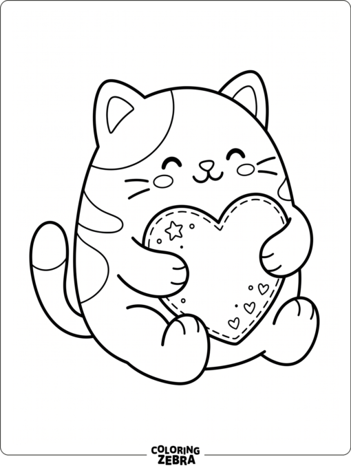 Squishmallow-style cat hugging a heart pillow