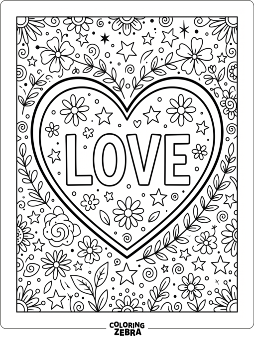 A heart-shaped sight word with small flowers and stars