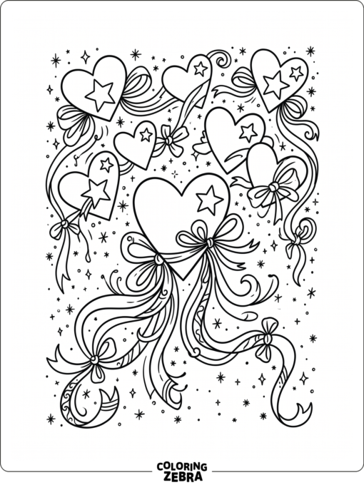 Heart-shaped stars with ribbons and sparkles