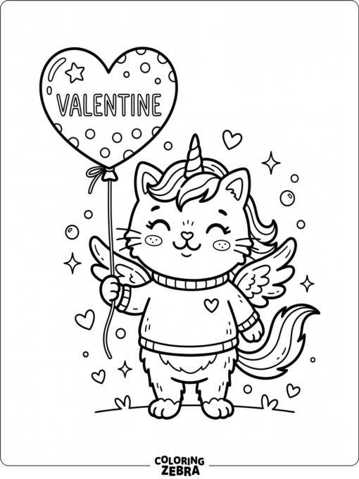 A valentine unicorn cat holding a heart balloon