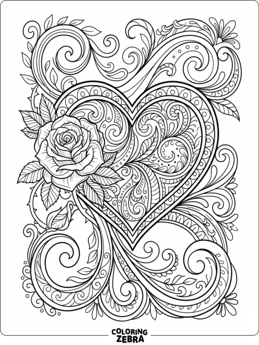 Heart zentangle with roses and swirl patterns