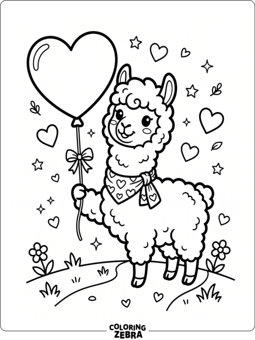 An alpaca holding a heart balloon with Valentine accents