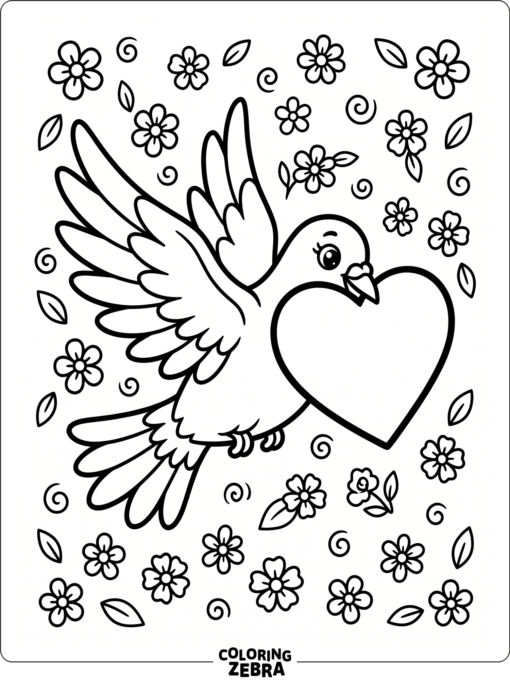 A dove holding a heart with simple blossoms
