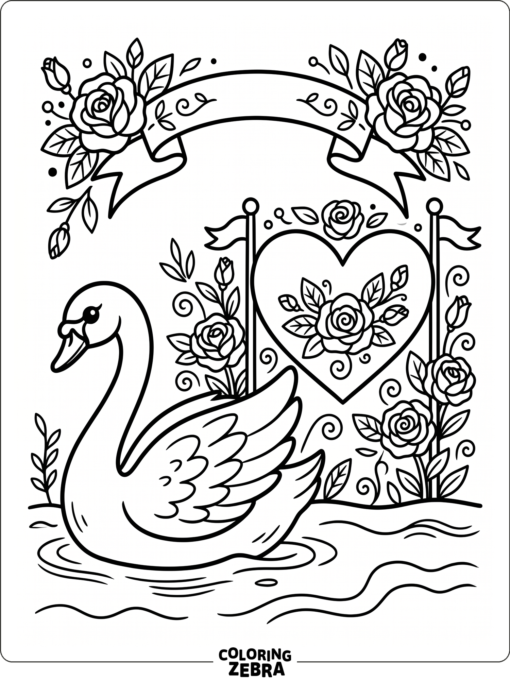 A swan beside a heart banner and roses