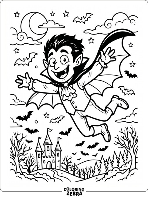 A cartoon vampire flying with a goofy grin