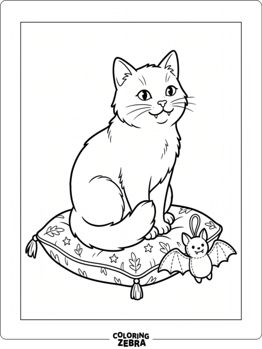 A cat with tiny fangs sitting on a cushion