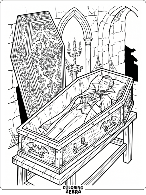 An open coffin with a carved lid