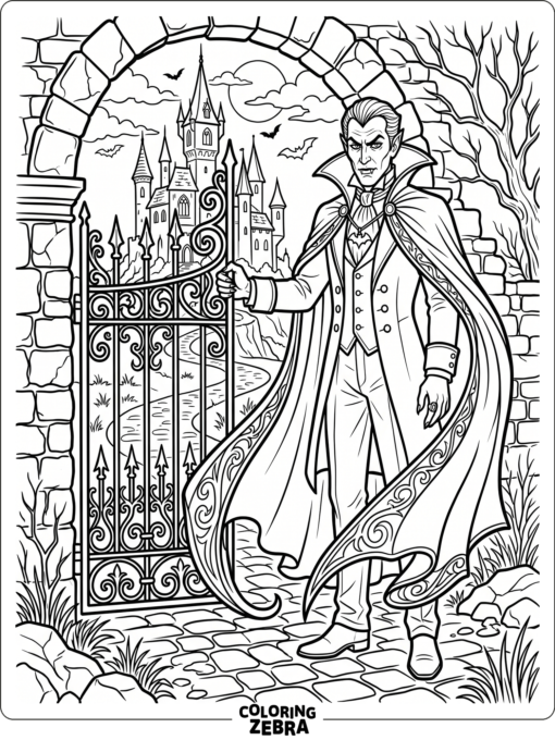 A vampire with a cape standing by a gate
