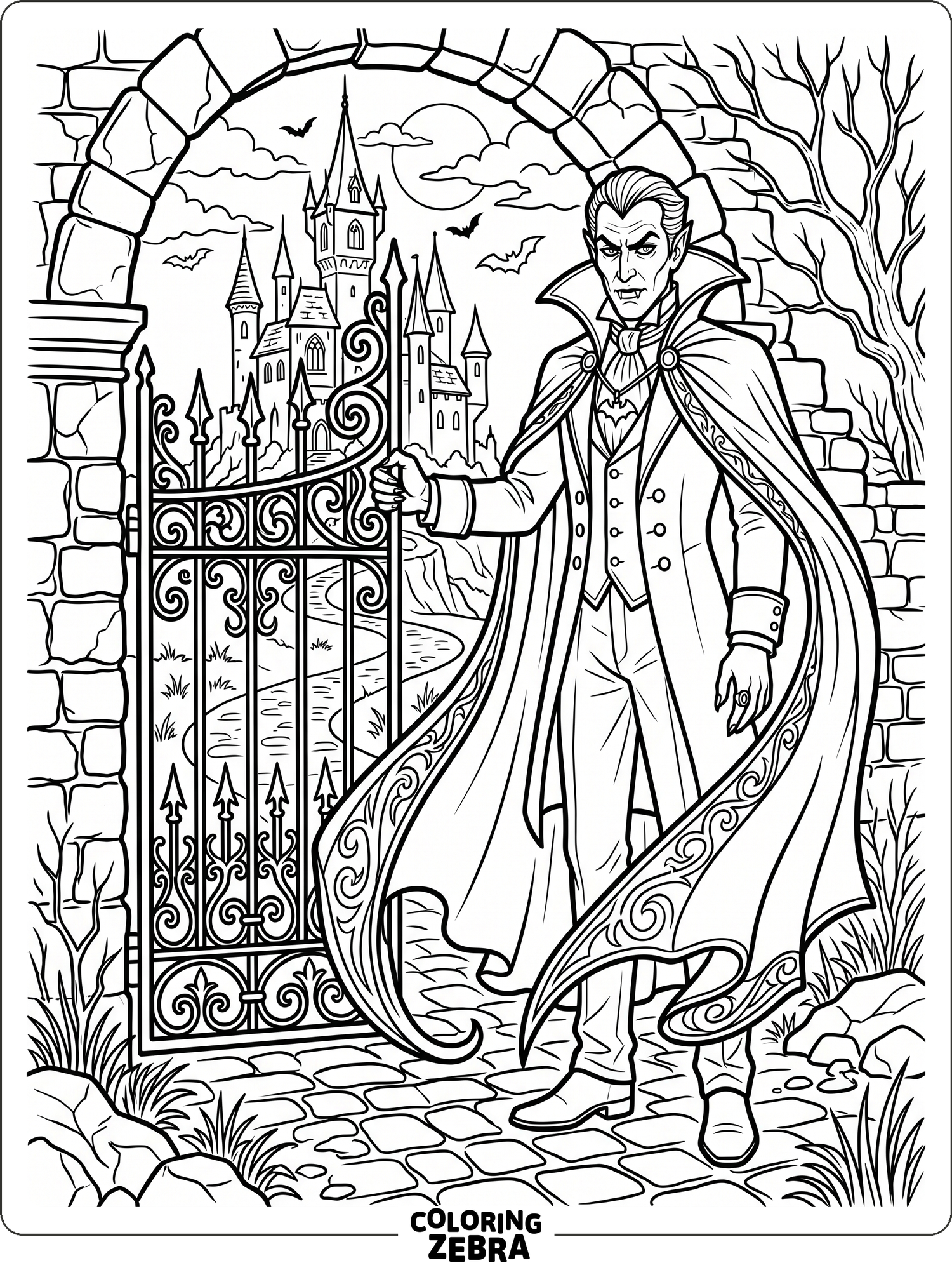 A vampire with a cape standing by a gate