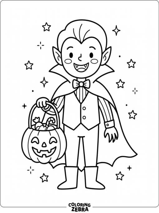 A kid friendly vampire holding a pumpkin bucket