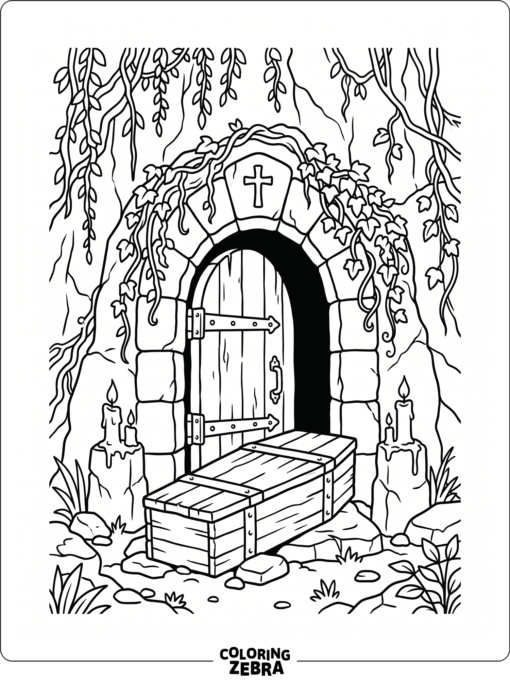 A stone crypt with candles near the entrance