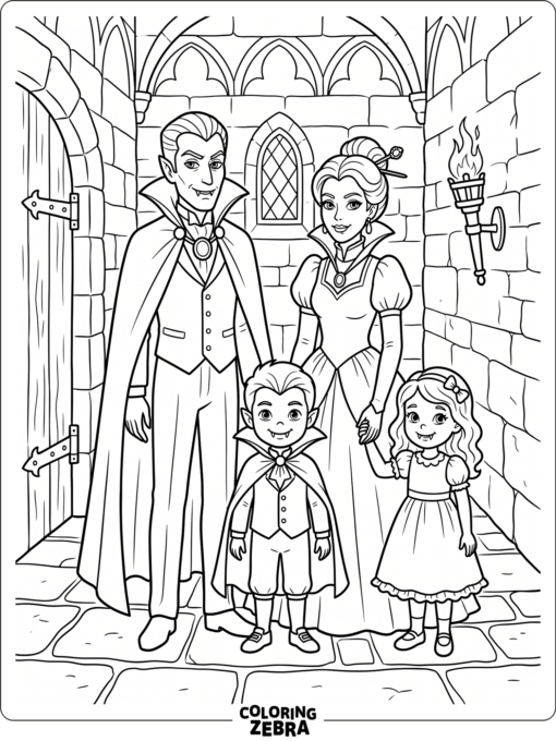 A vampire family standing together in a castle hallway