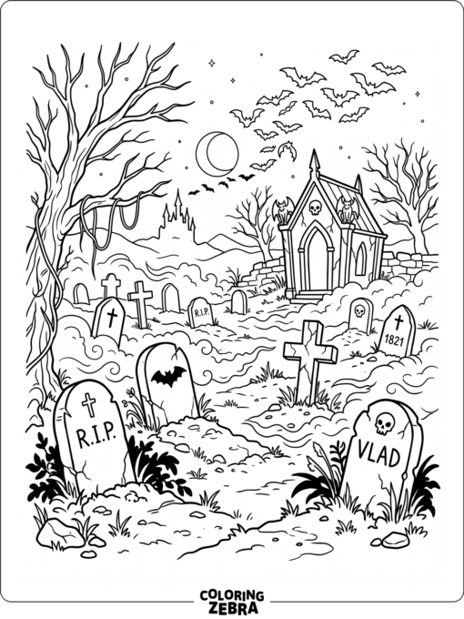 A vampire graveyard with bats and tombstones
