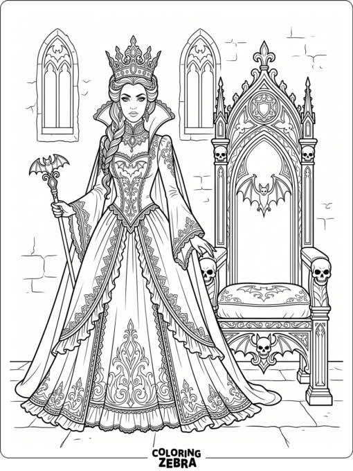 A vampire queen wearing a crown beside a throne