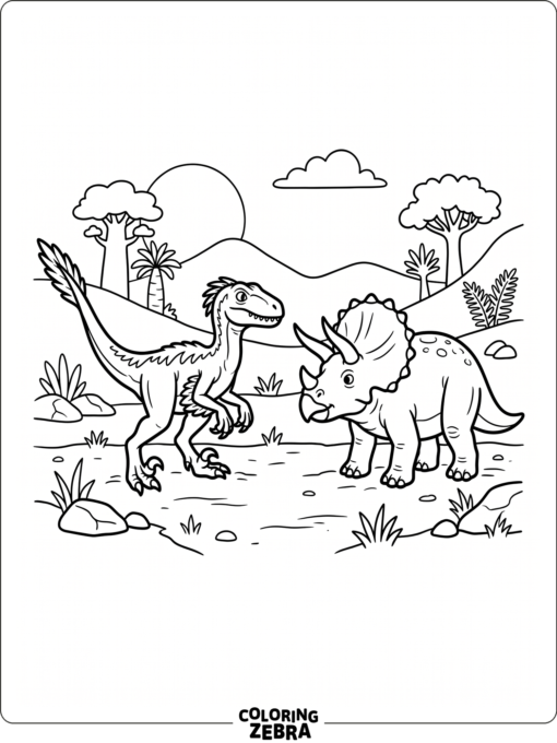 A velociraptor faces a triceratops on open ground