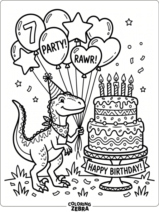 A velociraptor beside balloons and a birthday cake