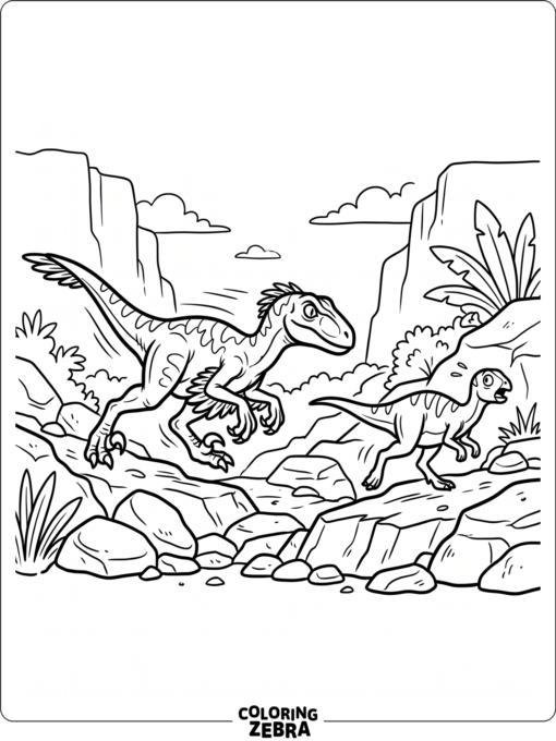 A velociraptor chases a small dinosaur over rocks