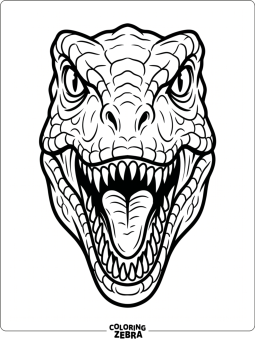 A velociraptor head with open mouth and bold teeth