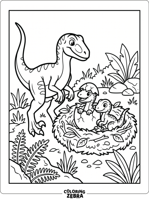 A velociraptor parent with two hatchlings