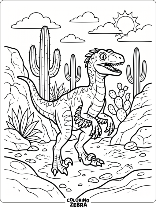 A velociraptor standing in a desert with cactus shapes