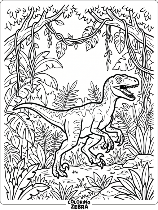 A velociraptor moving through jungle plants
