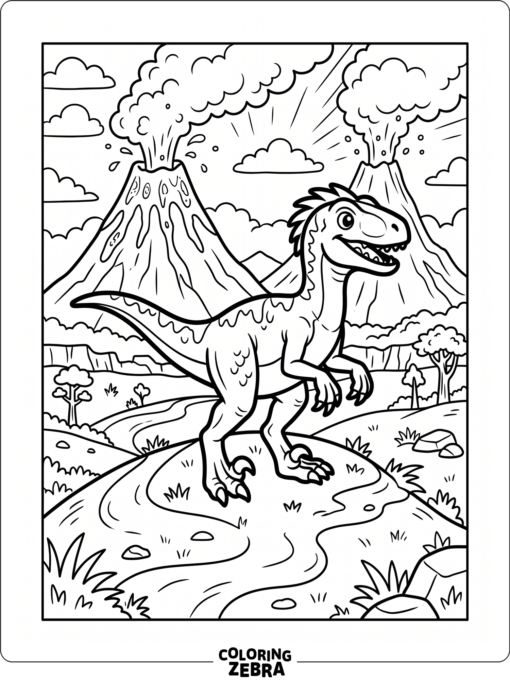 A velociraptor stands in a prehistoric landscape