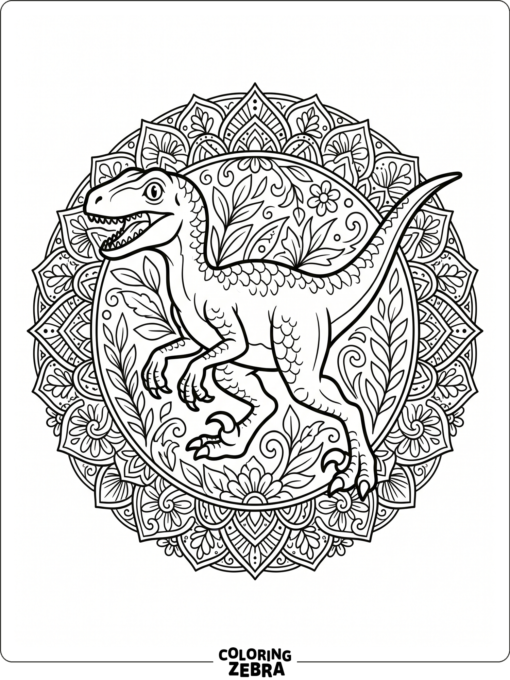 A velociraptor inside circular mandala patterns