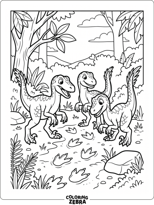 Three velociraptors gathered together in a clearing