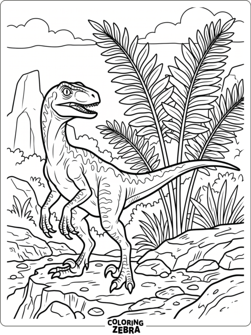 A slender velociraptor stands near ferns on rocky ground