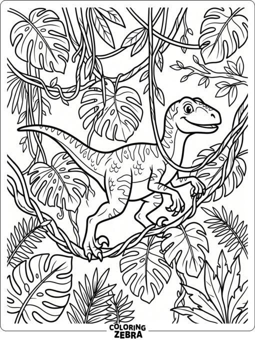 A velociraptor moving through jungle vines and leaves