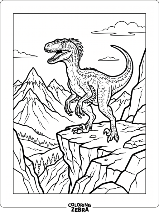 A velociraptor on a ridge with mountain peaks