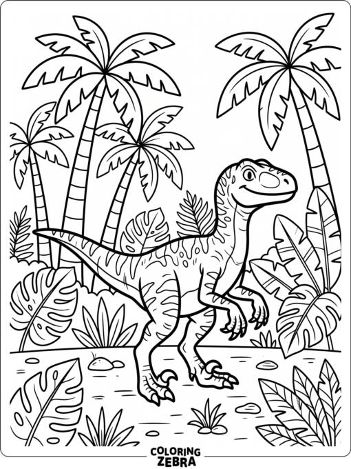 A velociraptor near palm trees and tropical leaves