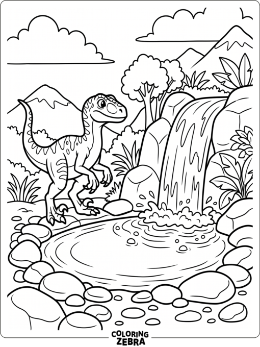 A velociraptor beside a waterfall and pool