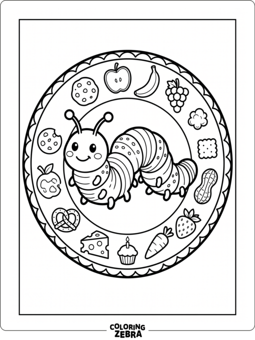 A caterpillar surrounded by snack foods
