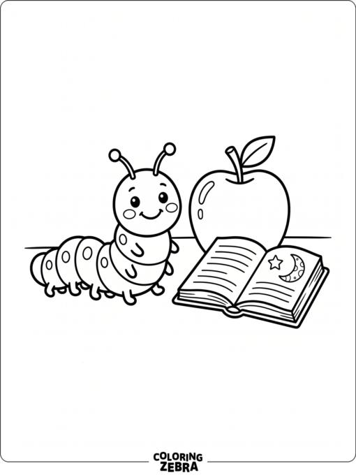 A cheerful caterpillar near an apple and book